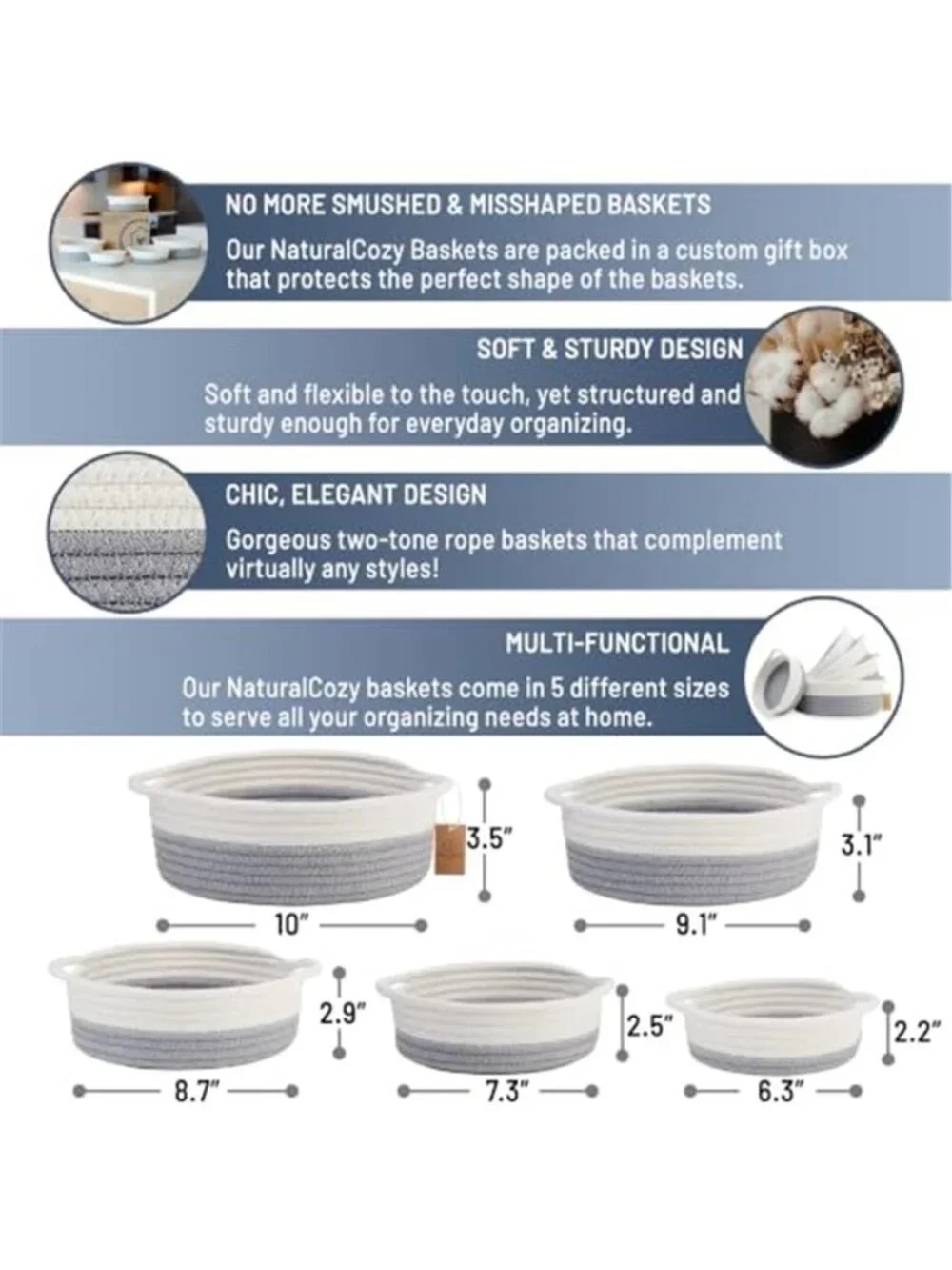 New 5-Piece Round Woven Cotton Rope Storage Baskets for Organizing, Small Shallo
